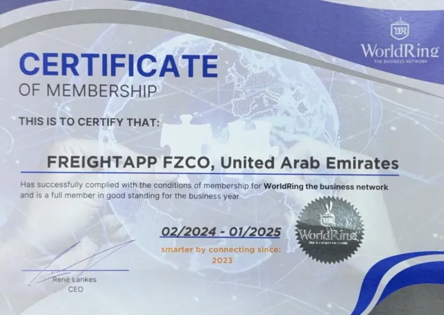 FreightApp FZCO, Birleşik Arap Emirlikleri adına WorldRing üyelik sertifikası, Şubat 2024 – Ocak 2025.