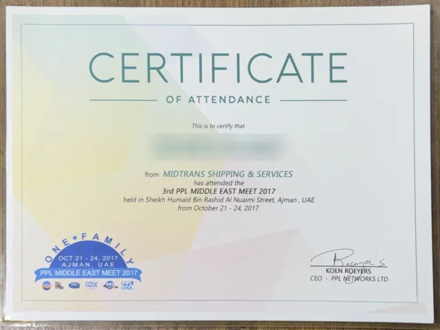 Certificat de participation au 3e PPL Middle East Meet 2017 à Ajman, nom du participant masqué.