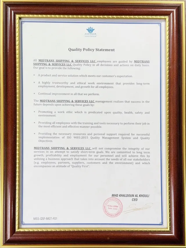 Midtrans Shipping And Services LLC Kalite Politikası Beyanı, CEO imzalı.