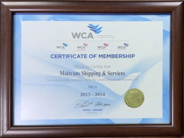 Midtrans Shipping And Services adına WCA üyelik sertifikası, 2013–2014.