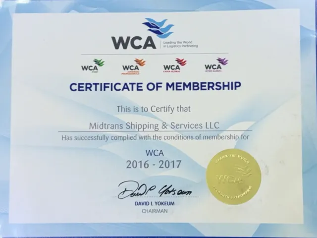 Midtrans Shipping And Services LLC adına WCA üyelik sertifikası, 2016–2017.