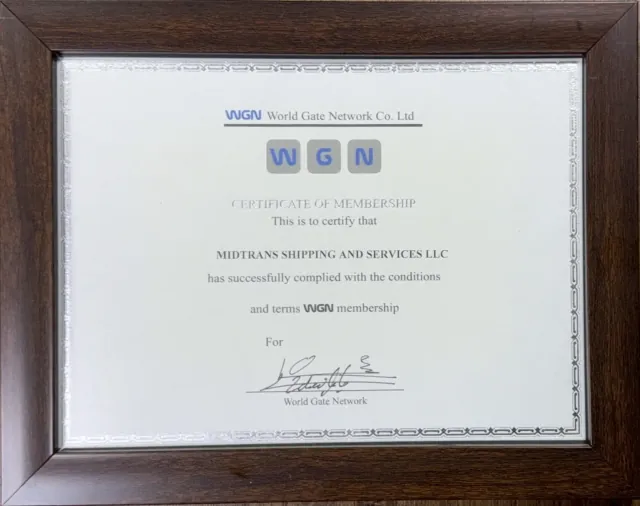 Midtrans Shipping And Services LLC adına World Gate Network (WGN) üyelik sertifikası.
