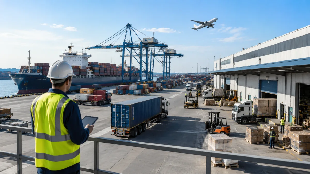 Fret aérien, maritime et routier se rejoignant dans un port — MIDTRANS