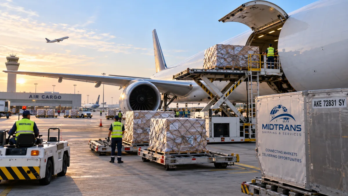 Fret aérien MIDTRANS chargé à bord d'un avion-cargo